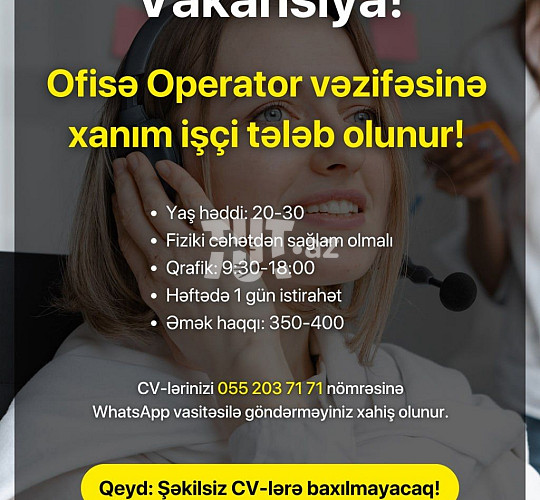 Operator tələb olunur, з/п 350 AZN, вакансия N809783 в Баку